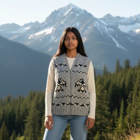 Handmade Cowichan Wool Sweater Vest With Eagle Pattern - Vintage - Womens Small - Picture 1 of 12